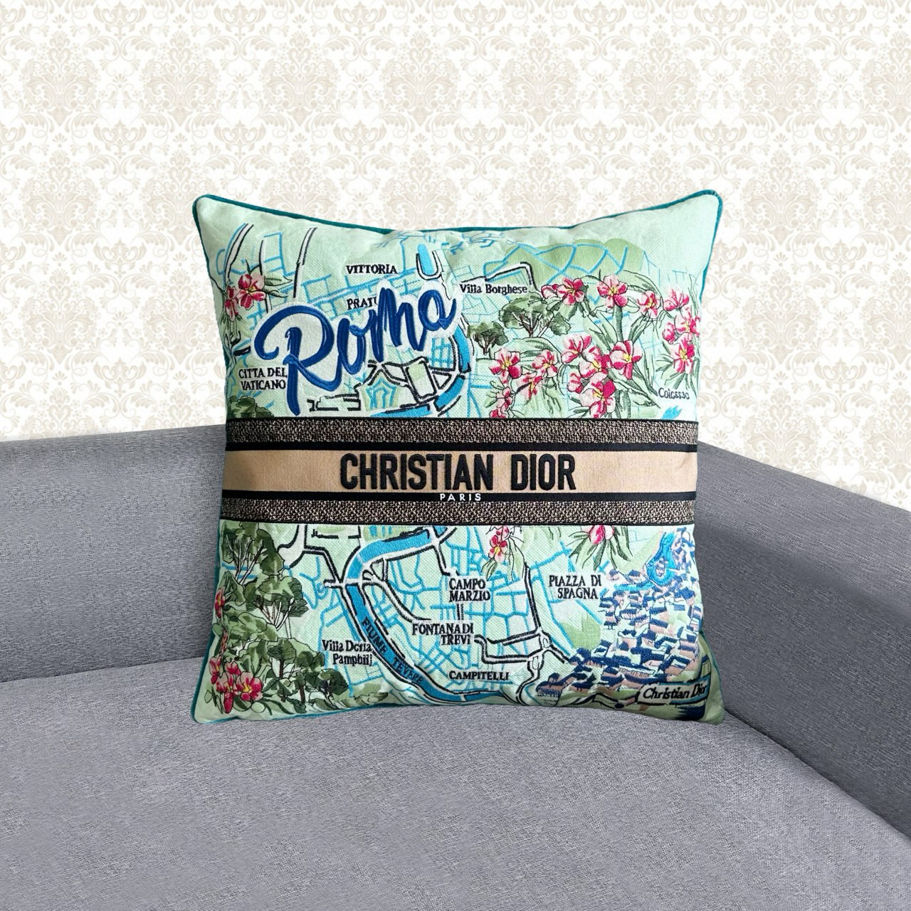  Подушка декоративная в стиле Dior Souvenir Roma с вышивкой и картографическим принтом, 50×50 см