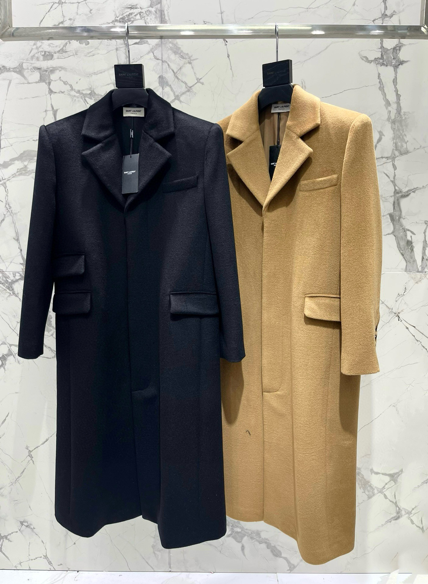 Пальто женское в стиле Saint Laurent из шерсти и кашемира в кофейно-бежевом цвете