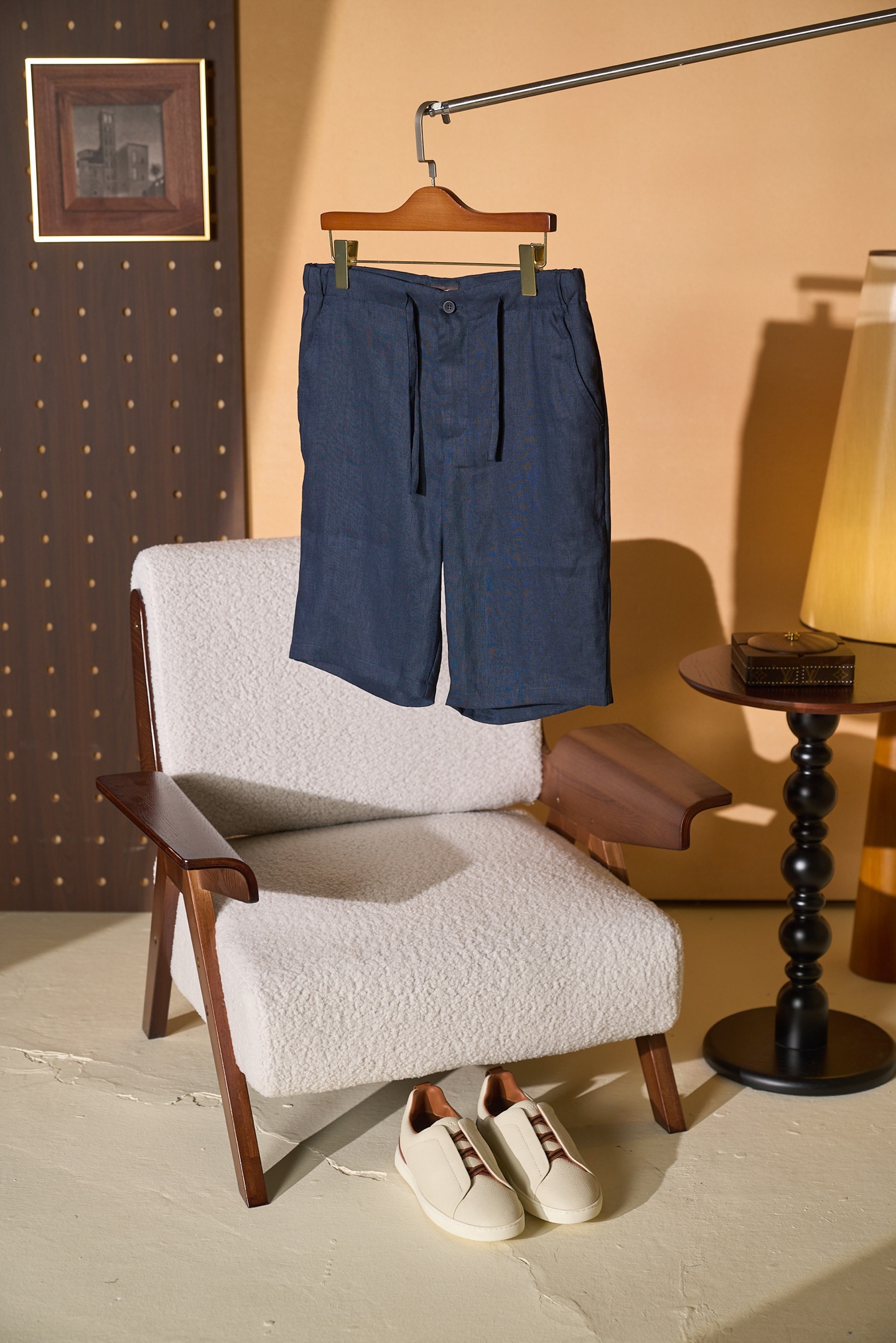 Шорты мужские в стиле Loro Piana Nolan Bermuda тёмно-синего цвета с кулиской