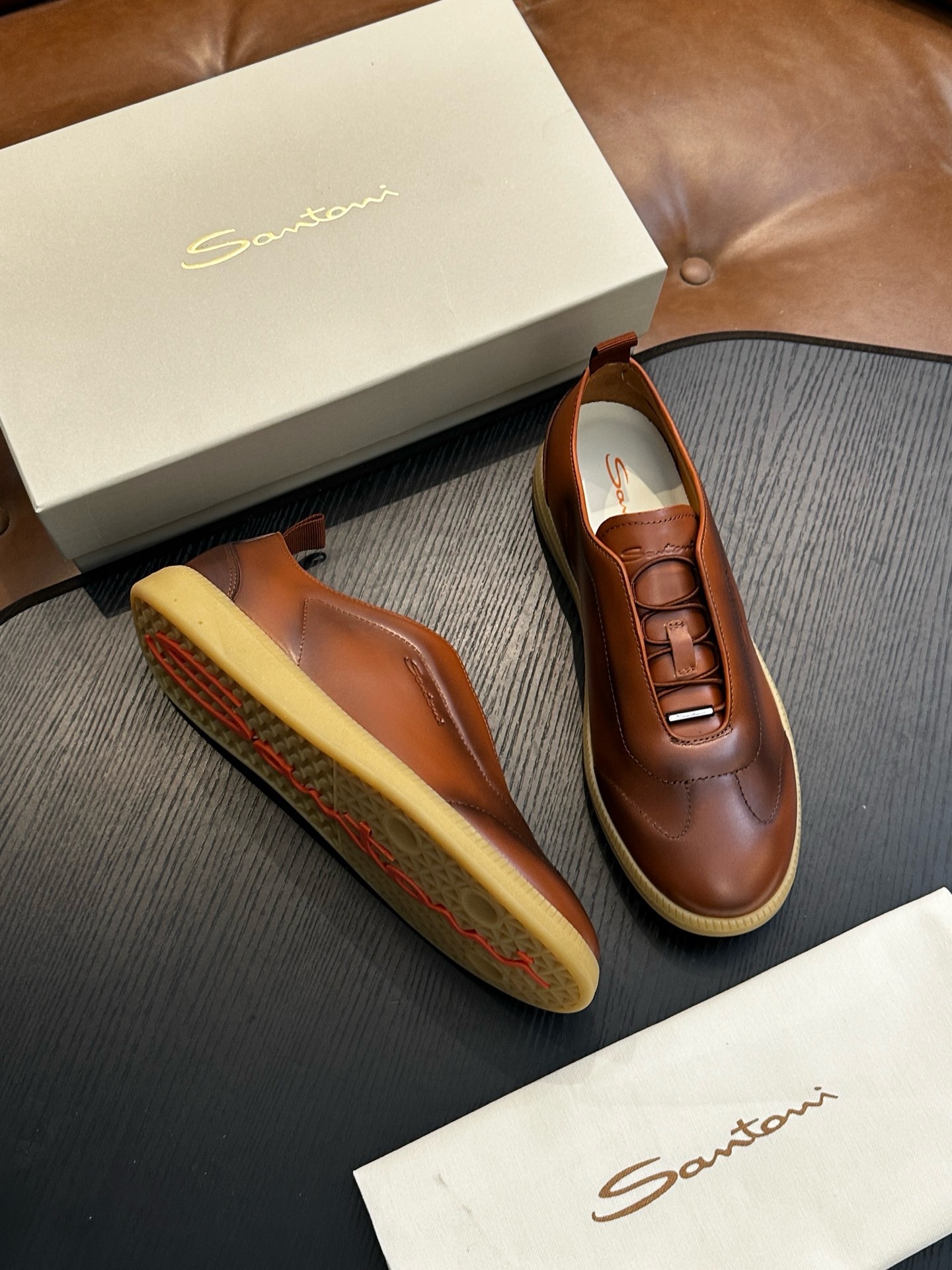 Кеды мужские в стиле Santoni из натуральной кожи коричневого цвета