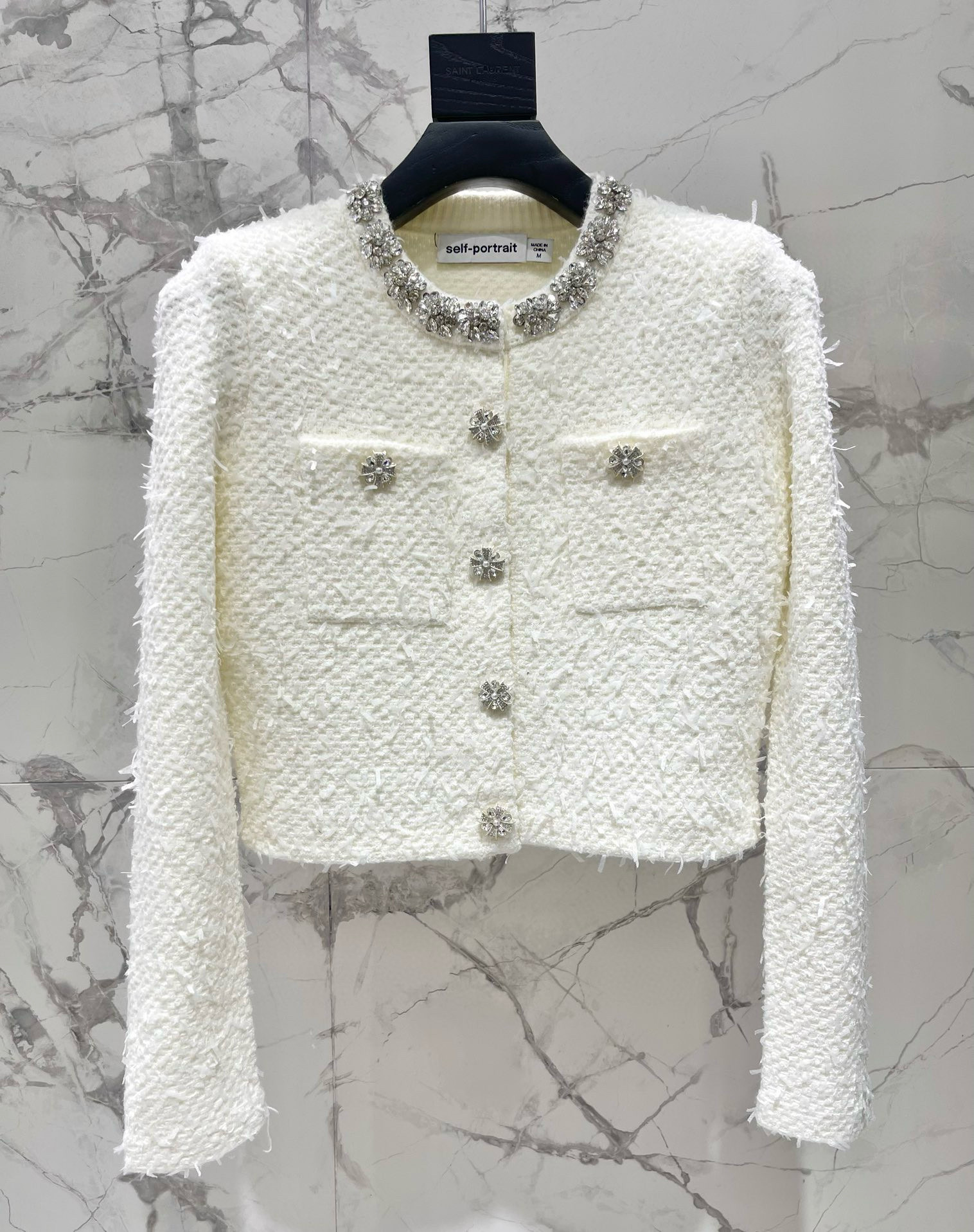 Костюм женский в стиле Self-Portrait с кристаллами, айвори